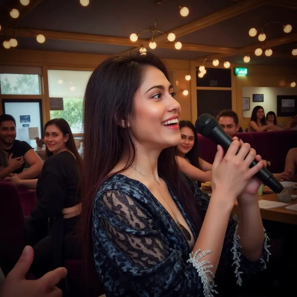 Clarissa holding a microphone during an intimate performance